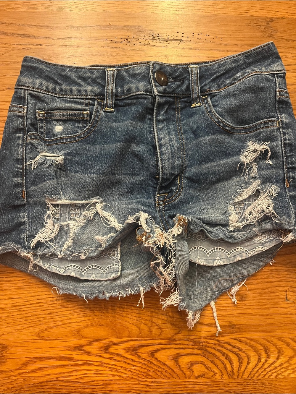 American Eagle Outfitters Distressed Lace-Trim Denim Shorts - Blue